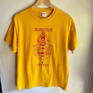 Second Skin Tattoo Parlor  Graphic Tshirt. Gold Shirt w/ Red Tiger. Size Medium